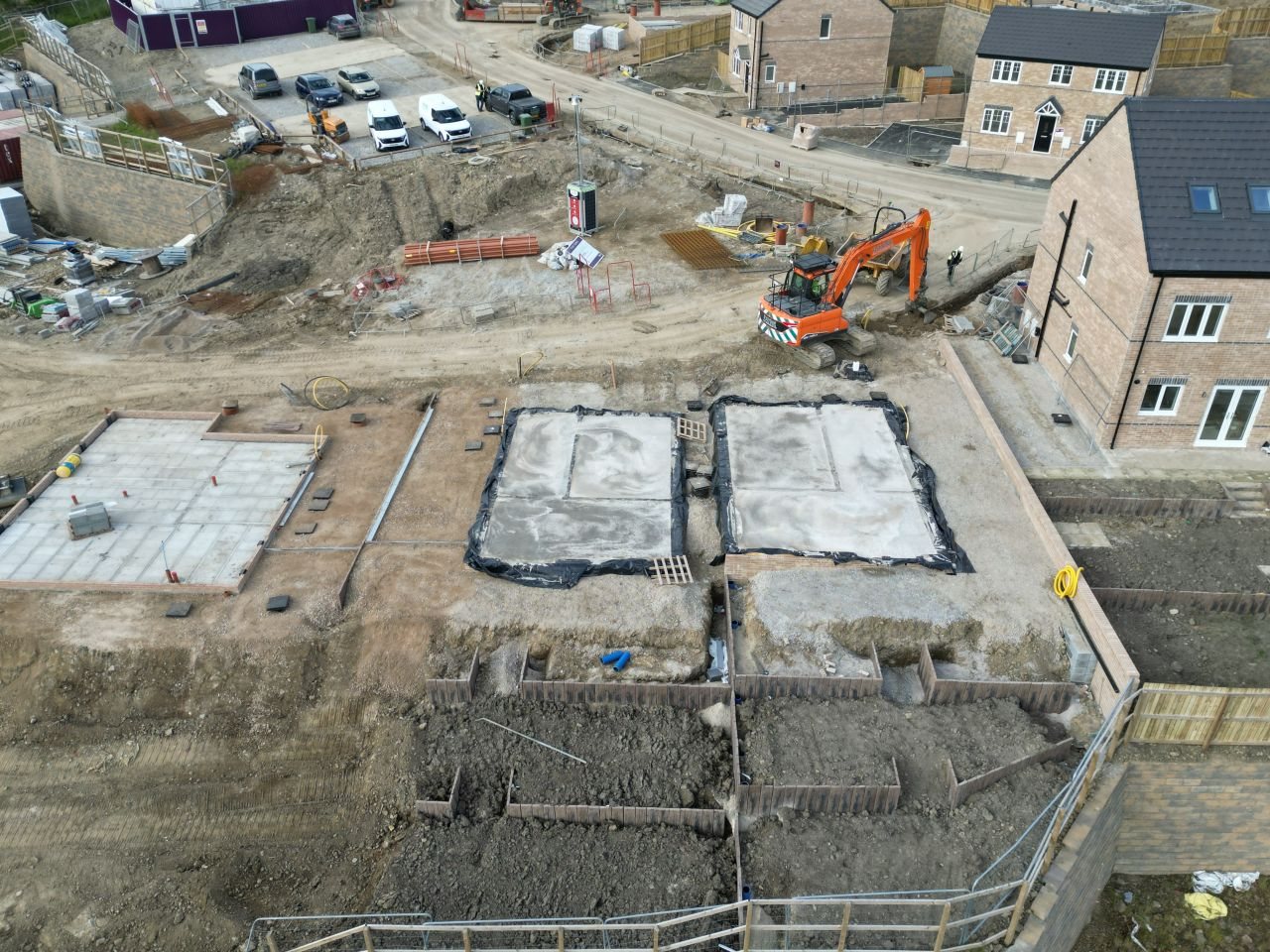 Aerial view of housing foundations and slabs